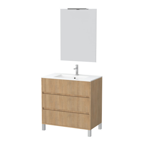 Pack meuble salle de bains 80cm chêne clair 3 tiroirs, vasque, miroir 60x80 et réglette led - xenos