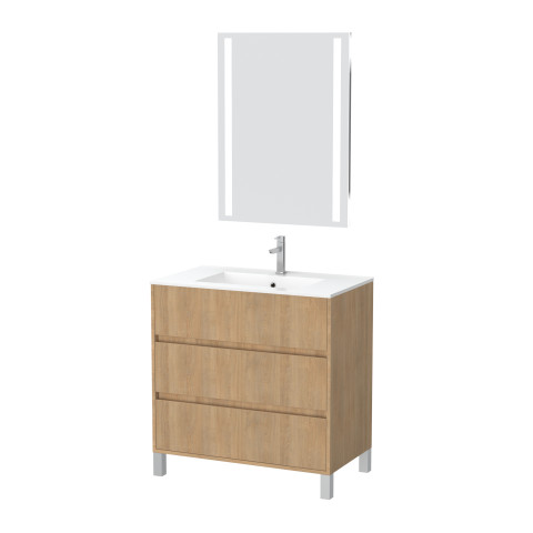 Pack meuble salle de bains 80cm chêne clair 3 tiroirs, vasque, miroir 60x80 à leds intégrées - xenos