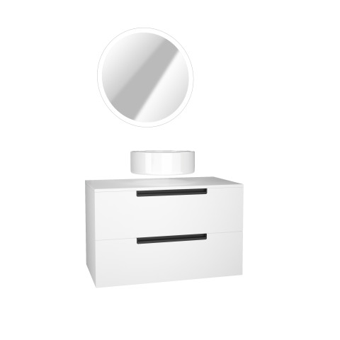 Meuble salle de bains 80cm blanc laqué 2 tiroirs - vasque blanche ø36cm et miroir rond à led - jazz