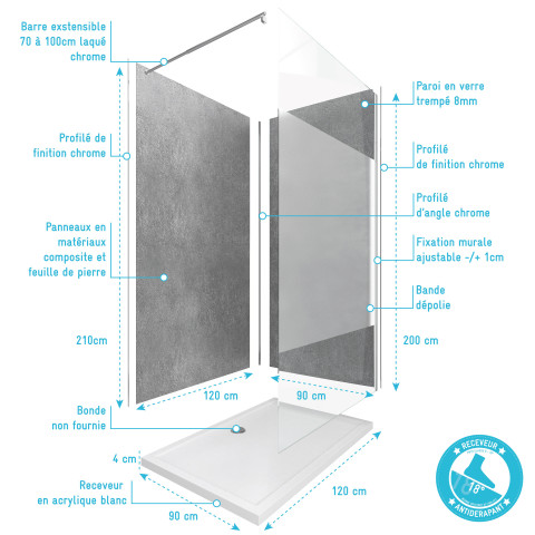 Panneaux muraux silver grey 90+120x210 - receveur 120x90 - paroi 8mm 120x200 + bras - Couleur de paroi au choix