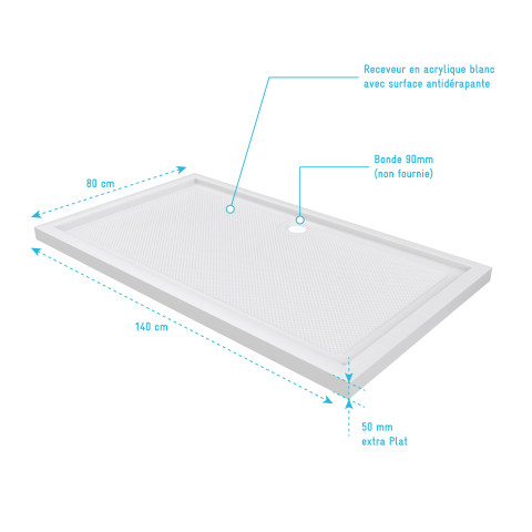 Receveur de douche a poser extra-plat anti-derapant en acrylique blanc rectangle - 140x80cm - bac de douche whiteness 140 Aurlane - SCAB127