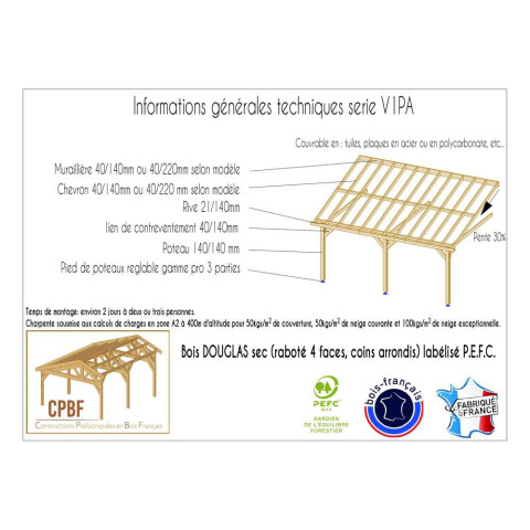 Abri une pente adosse, 400cmx400cm, bois douglas francais, carport, auvent, abri voiture, cpbf-v1pa400x400