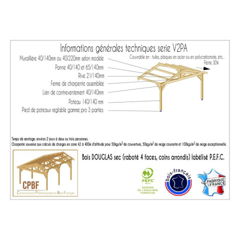 Abri deux pentes adosse, 350cmx700cm, bois douglas francais, carport, auvent, abri voiture, cpbf-v2pa350x700