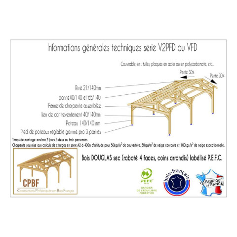 Abri deux pentes faitage decale, 500cmx1150cm, bois douglas francais, carport, auvent, abri voiture, cpbf-v2pfd500x1150