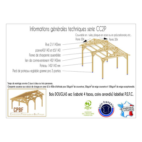 Abri deux pentes, 500cmx1250cm, bois douglas francais, carport, auvent, abri camping-car, cpbf-cc2p500x1250