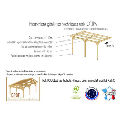 Abri toit plat adosse, 350cmx1150cm, bois douglas francais, carport, auvent, abri camping-car, cpbf-cctpa350x1150