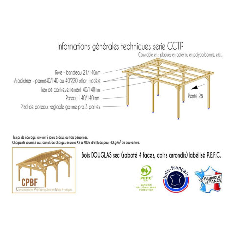 Abri toit plat, 400cmx1050cm, bois douglas francais, carport, auvent, abri camping-car, cpbf-cctp400x1050