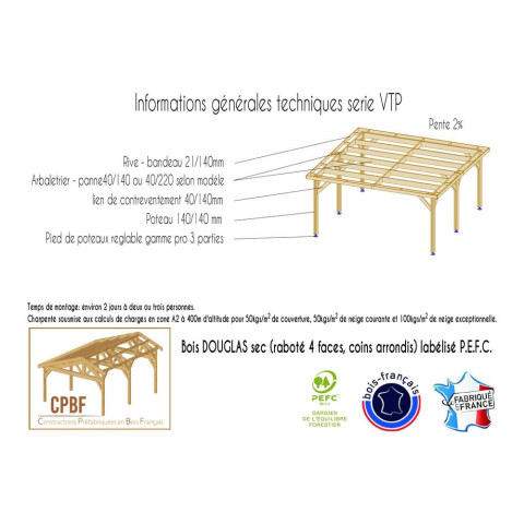 Abri toit plat, 300cmx600cm, bois douglas francais, carport, auvent, abri voiture, cpbf-vtp300x600