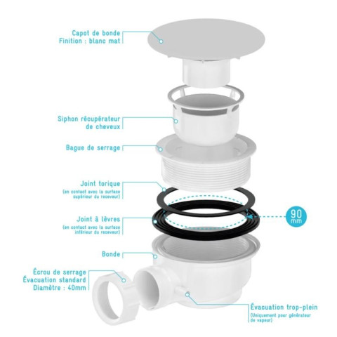 Bonde de receveur Ø90 mm - Capot blanc mat - Evacuation Horizontale Aurlane - FAC1140