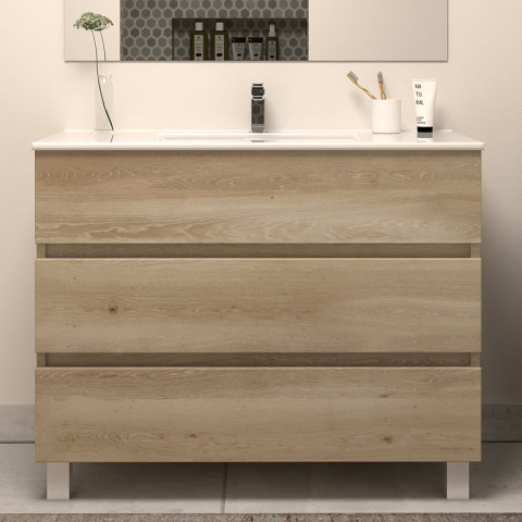 Meuble de salle de bain 100cm simple vasque - 3 tiroirs - nebraska (bois clair) - mayor