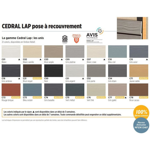Lames de bardage fibres-ciment CEDRAL Lap pose à recouvrement (palette x144) à partir de 50,95 € TTC / m²