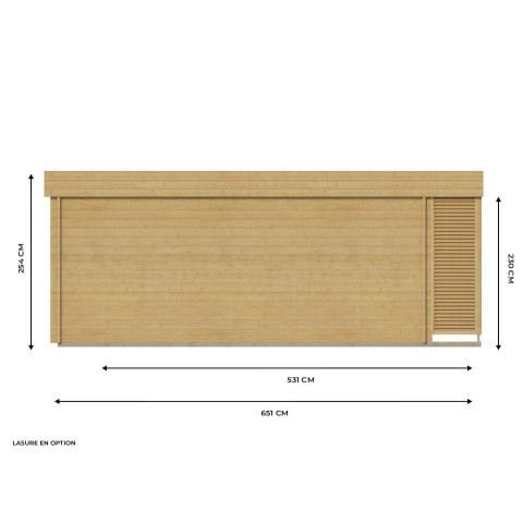 Chalet en bois LUMIO - 2 doubles portes + 3 baies fixes - madriers épais (44mm) - serrure à cylindre - terrasse - garantie 5 ans - Surface en m² au choix