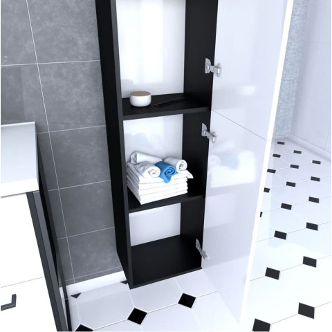 Colonne de salle de bain noir mat 30x35x150 cm avec 2 portes blanches et poignées noir mat Aurlane - PACM048