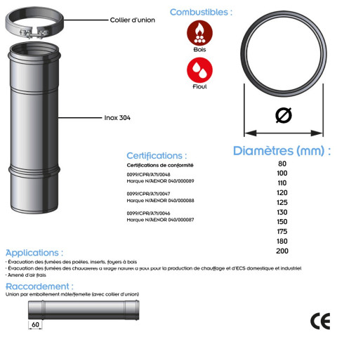 Ti1000 conduit simple paroi pour bois fioul longueur 100 cm       ø100 - à l'unité