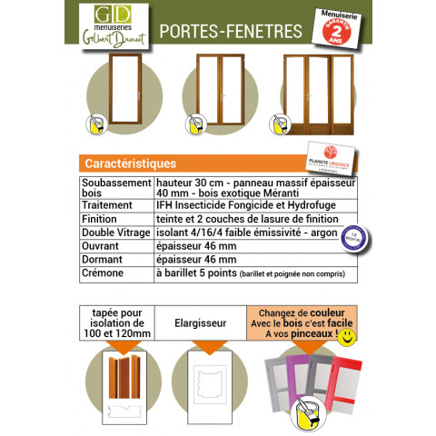 Porte fenêtre 3 vantaux en bois exotique hauteur 215 x largeur 180 (cotes tableau)