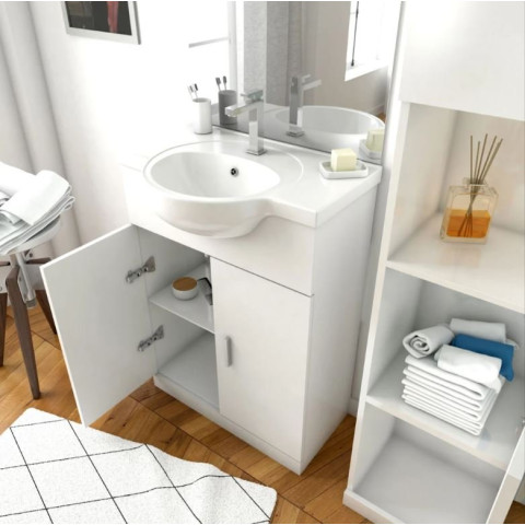 Ensemble de salle de bain blanc 60cm + vasque en céramique blanche + miroir LED + colonne 2 portes - THRIFTY Aurlane - PACM001