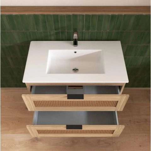 Ensemble meuble de salle de bains 80 cm et colonne - Décor bois et cannage - APOLLINE Aurlane - PACM916