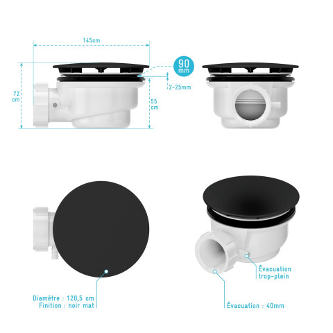 Bonde de receveur diamètre 90 mm - évacuation horizontale - Couleur au choix