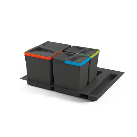 Kit poubelle de tri sélectif pour tiroir de cuisine avec socle Recycle hauteur 216mm, 1x12litres, 2x6litres, module 600mm, Plastique gris anthracite