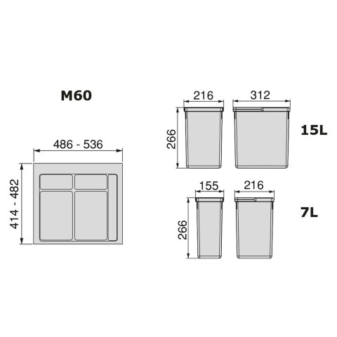 Kit poubelle de tri sélectif pour tiroir de cuisine avec socle Recycle hauteur 266mm, 1x15litres, 2x7litres, module 600mm, Plastique Gris antracite