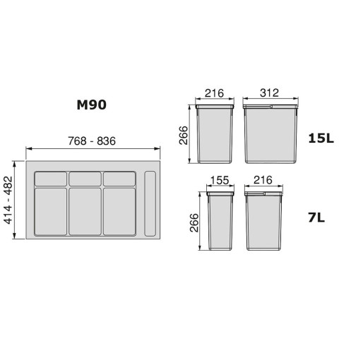 Kit poubelle de tri sélectif pour tiroir de cuisine avec socle Recycle hauteur 266mm, 2x15litres, 2x7litres, module 900mm, Plastique Gris antracite