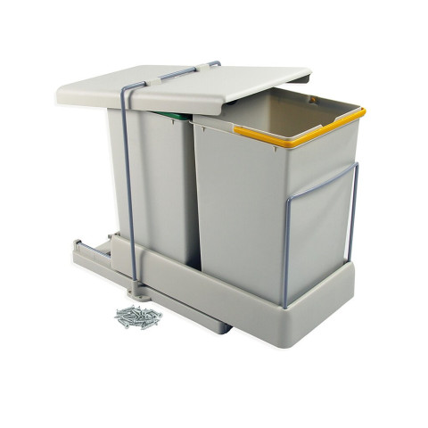Poubelle de recyclage pour montage inférieur et extraction automatique dans l'élément de cuisine 2x14litres, Plastique gris