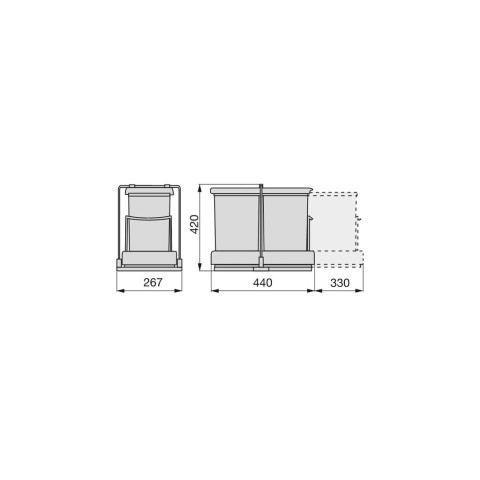 Poubelle de recyclage pour montage inférieur et extraction automatique dans l'élément de cuisine 2x14litres, Plastique gris