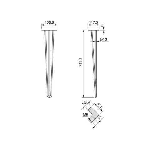 Lot de 4 pieds Hairpin de 3 fils par table, hauteur 710mm, Acier, Peint en noir