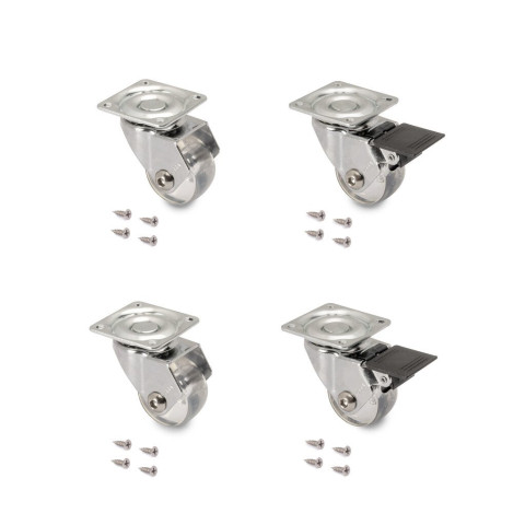 Lot de 4 roulettes transparentes Slip 3 avec plétine de montage, diamètre 35mm, Acier et Plastique