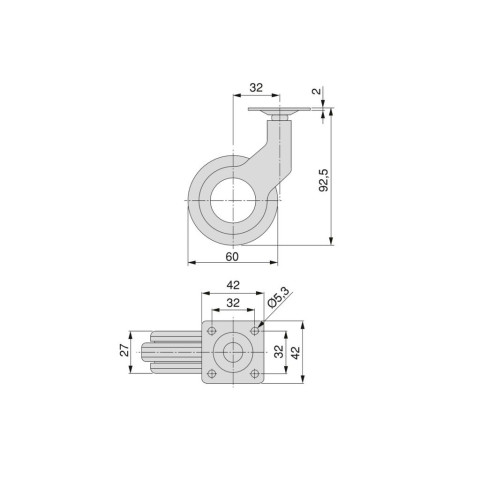 Lot de 4 roulettes Hole 2 avec plétine de montage, diamètre 60mm, Acier et Plastique, Plastique gris