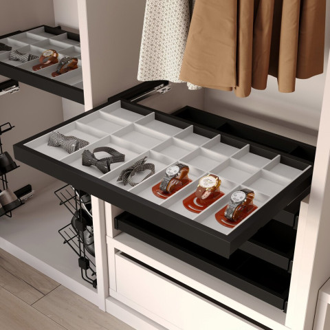 Kit de organiser de tiroirs et cadre coulissant soft close pour armoires, réglable, module 800mm, Noir texturé et Gris pierre