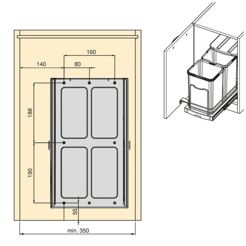 Bac à recyclage pour montage inférieur et extraction manuelle/automatique dans les éléments de cuisine, Inox 2x12 litres plastique et acier inoxydable