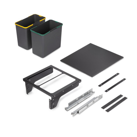 Bac de tri sélectif pour montage latéral sur meuble de cuisine Recycle 2x24litres, Acier, Plastique gris anthracite