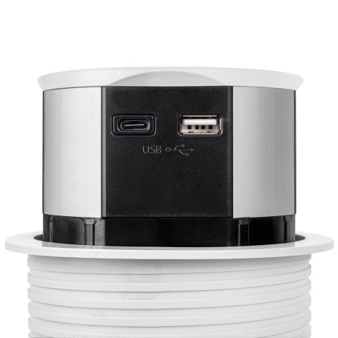 Multiconnecteur Vertikal Push diamètre 100mm, 3 prises de type Schuko, 1 USB type A, 1 USB type C, Acier et Plastique, couleur au choix