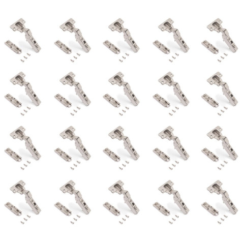 Lot de 20 charnières coudées X91 à fermeture amortie avec embases droite à visser, Hauteur 1, Acier, Nickelé