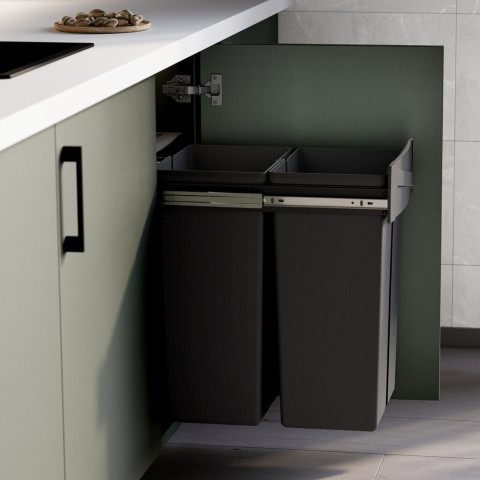 Bac de tri sélectif a montage inférieur et extraction manuelle pour élément de cuisine Recycle, 2x25litres, Plastique gris antracite