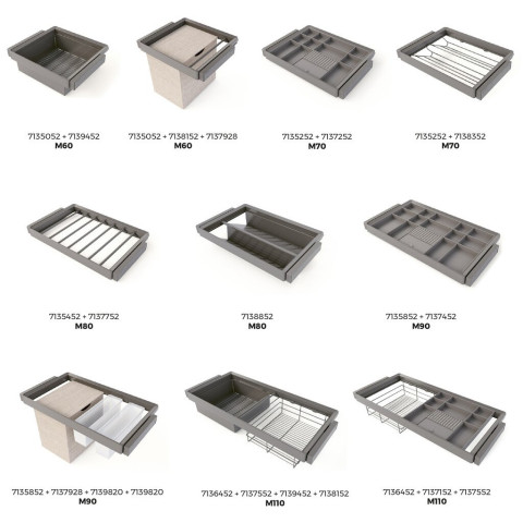 Rack avec glissières à extension totale et à fermeture douce pour accessoires d'armoire Quartz, Aluminium et plastique, Titane - Dimensions aux choix