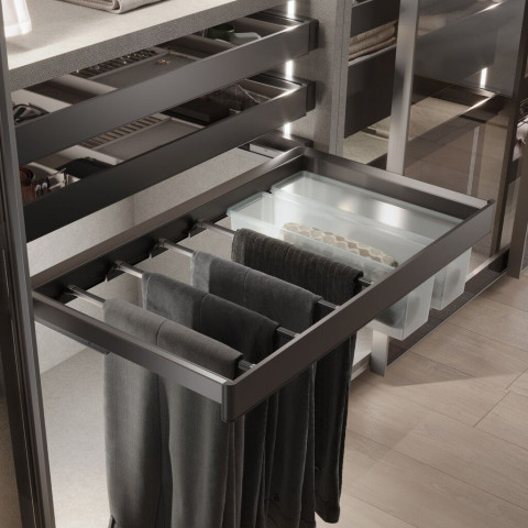 Kit de porte-pantalon à 7tringles, panier et rack ajustable Quartz pour armoires, glissières extension totale et à fermeture douce, Module 90cm, Finition Titane