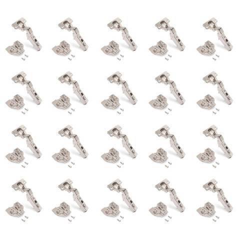 Lot de 20 charnières coudées X91 à fermeture amortie et embases euro, Hauteur 0, Acier, nickelé