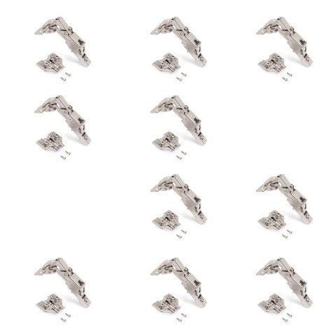Lot de 10 charnières coudées X91 Ouverture à 165 degrés avec fermeture amortie et embases Euro, Hauteur 0, Acier, Nickelé