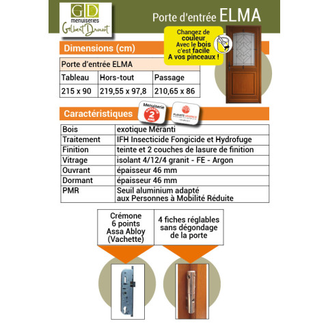 Porte d'entrée en bois modèle elma 215x90 poussant gauche – cotes tableau  vendue avec poignée et barillet