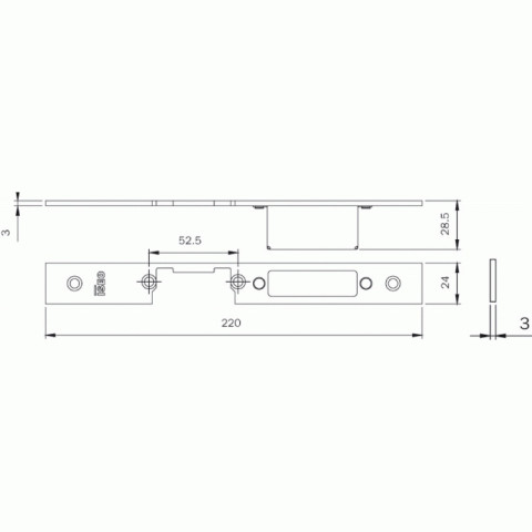 Gâche centrale inox fermée plate en 220 x 24 x 3 mm pour serrures blindo et multiblindo gauche