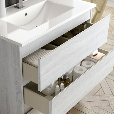 Meuble de salle de bain simple vasque - 3 tiroirs - palma et miroir led stam - hibernian (bois blanchi) - 80cm