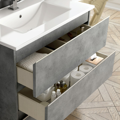 Meuble de salle de bain simple vasque - 3 tiroirs - palma et miroir led stam - ciment (gris) - 100cm
