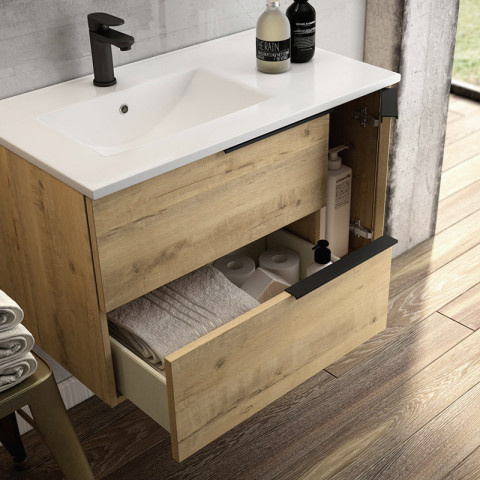 Meuble de salle de bain 120cm vasque déportée - 2 tiroirs - miroir avec armoirette - king - roble (chêne clair)