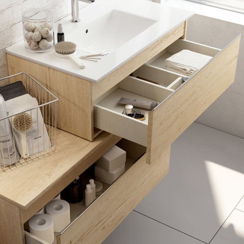 Meuble de salle de bain 120 cm simple vasque - 2 tiroirs - pena - bambou (chêne clair)