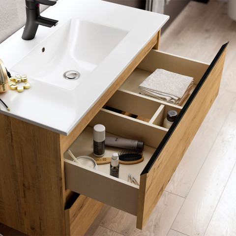 Meuble de salle de bain 80cm simple vasque - 2 tiroirs - sans miroir - toura - roble (chêne clair)