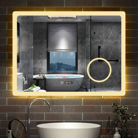 Aica miroir de salle de bain 100x60cm avec leds 3 couleurs et luminosité réglable+anti-buée+miroir grossissant+horloge numérique