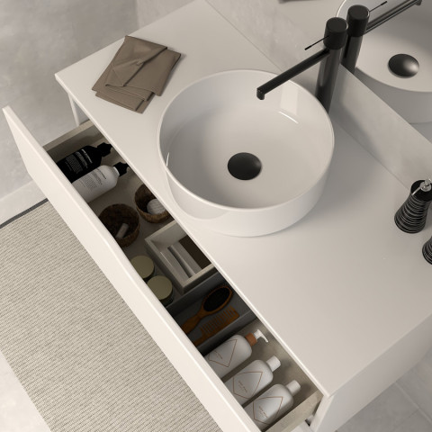 Meuble de salle de bain 120 avec plateau et vasque à poser - sans miroir - 2 tiroirs - blanc - luna
