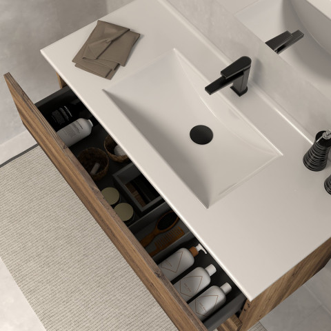 Meuble de salle de bain 100cm simple vasque - 2 tiroirs - tabaco (bois foncé) - luna